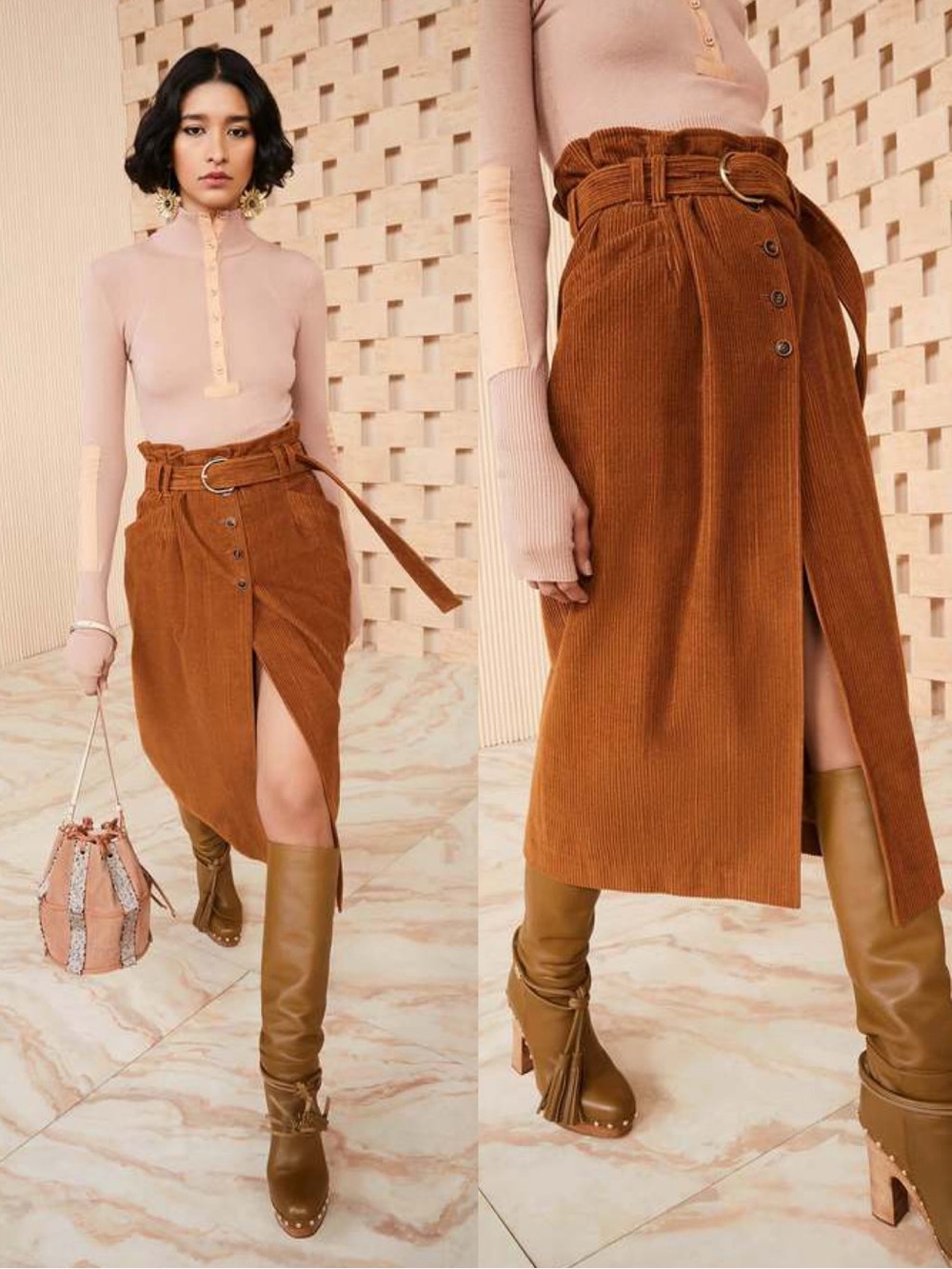 Ulla Johnson Sonia Umber Corduroy Belted Cotton Midi Skirt